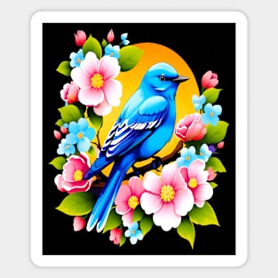 Cute Blue Bird Surrounded by Bold Vibrant Spring Flowers Magnet